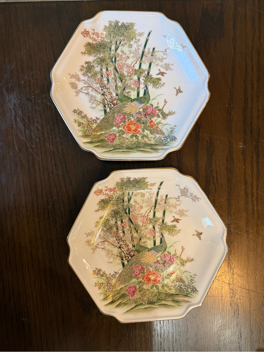 Vintage Otagiri Japan Hexagon Peacock Floral Decorative Plate Set Of 2